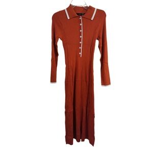 ZESICA Orange Ribbed Knit Polo Collar Button Down Midi Dress Size S
